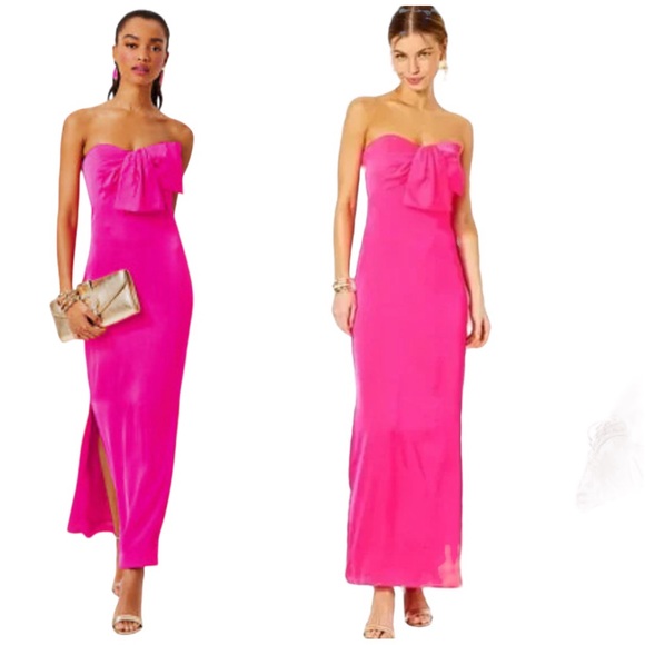 Lilly Pulitzer Carlynn Satin Maxi Bow Dress Pink Palms Sz 12 Gown Evening Event - Picture 1 of 16